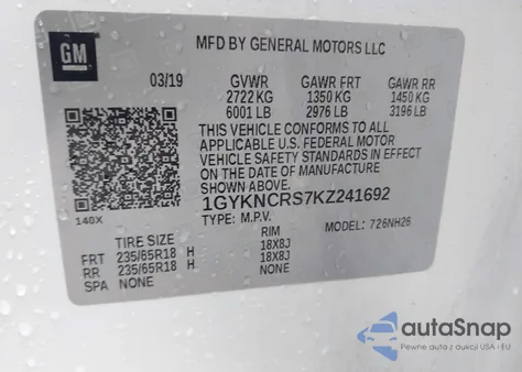 2019 Cadillac Xt5 Luxury из США, поврежденный, VIN 1GYKNCRS7KZ241692